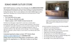IDAHO MWR SUTLER STORE IDAHO MWR Business is seeking a Store Manager for the