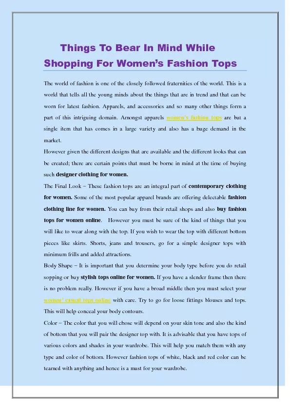 PDF-Things To Bear In Mind While Shopping For Women’s Fashion Tops