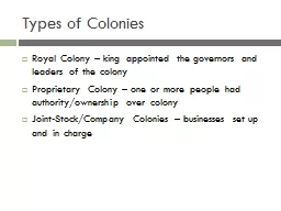 Types of Colonies Royal Colony – king appointed the governors and leaders of the colony