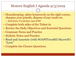  Honors English I Agenda 9/3/2019