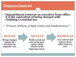 Impeachment Impeachment removes an executive from office, it is the equivalent of being charged wit