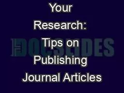 Disseminating Your Research: Tips on Publishing Journal Articles