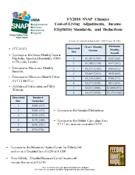 FY2018 SNAP Changes Cost-of-Living Adjustments, Income Eligibility Standards, and Deductions