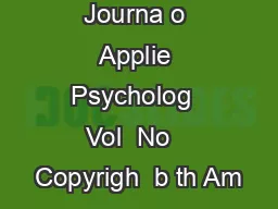 Journa o Applie Psycholog  Vol  No   Copyrigh  b th Am