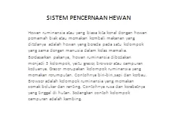 SISTEM PENCERNAAN HEWAN Hewan ruminansia atau yang biasa kita kenal dengan hewan pemamah biak atau