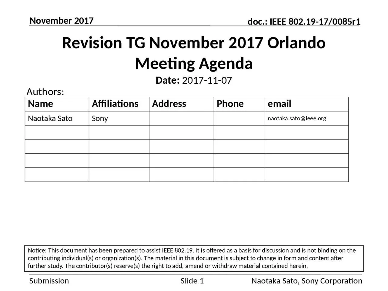 PPT-Revision TG November 2017 Orlando Meeting Agenda