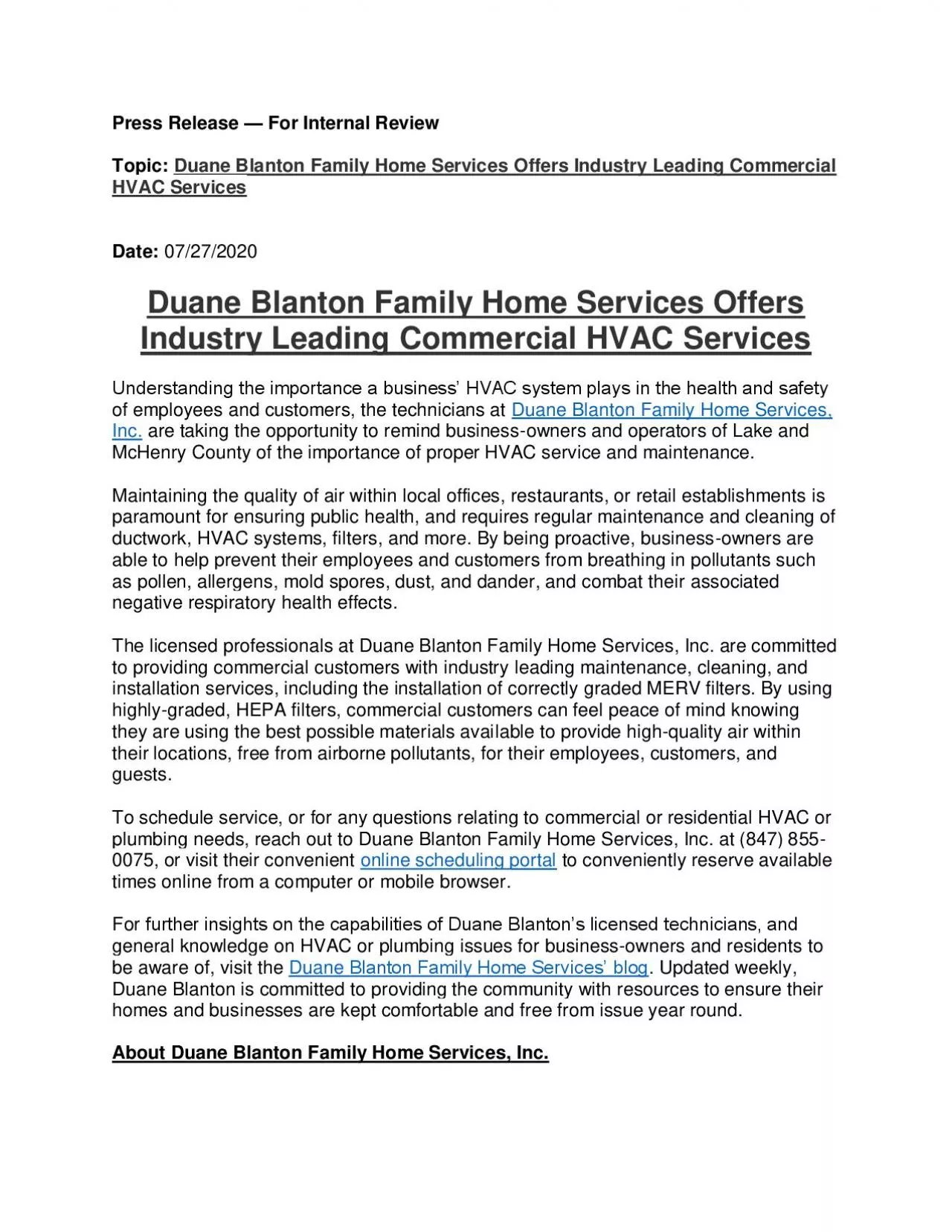 PDF-Duane Blanton Family Home Services Offers Industry Leading Commercial HVAC Services