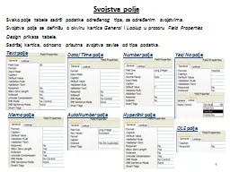 1 Svojstva polja Svako polje tabele sadrži podatke određenog tipa, sa određenim svojstvima.