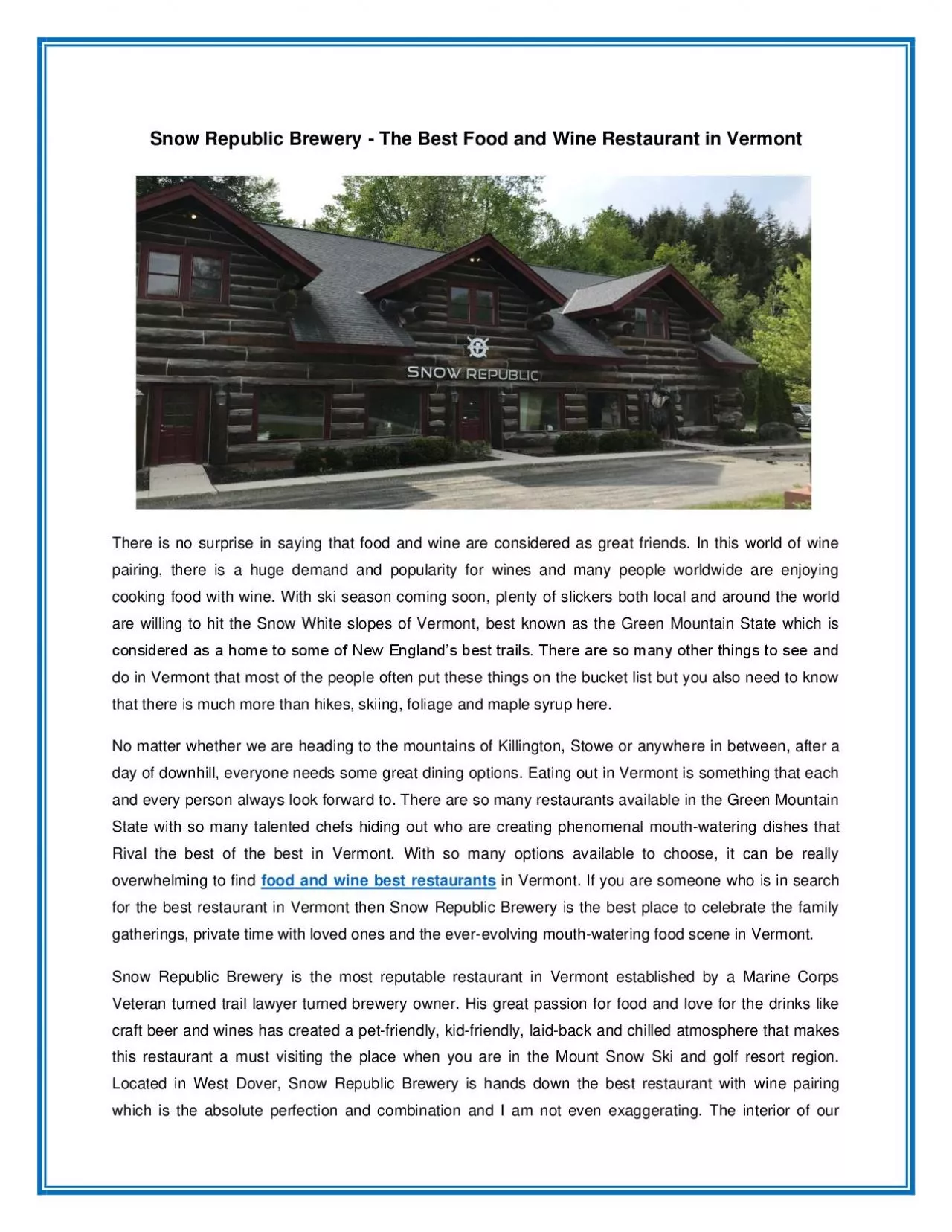 PDF-Snow Republic Brewery - The Best Food And Wine Restaurant in Vermont