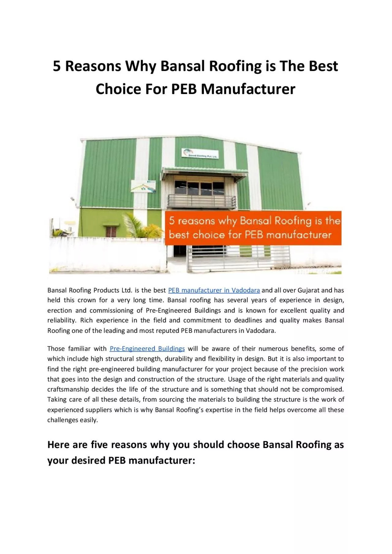 PDF-5 Reasons Why Bansal Roofing is The Best Choice For PEB Manufacturer