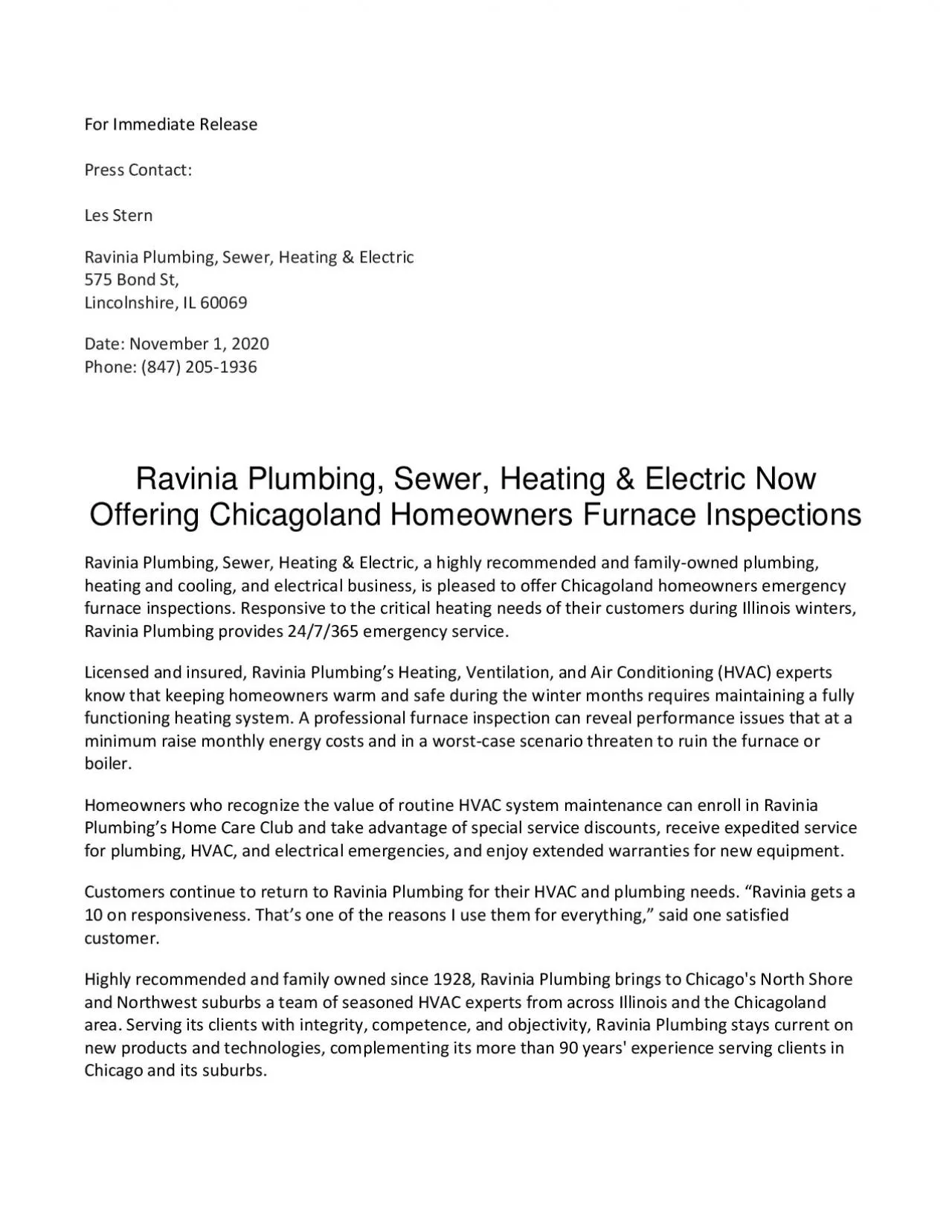 PDF-Ravinia Plumbing, Sewer, Heating & Electric Now Offering Chicagoland Homeowners Furnace