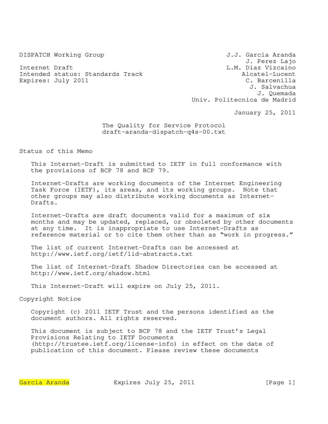 PDF-DISPATCH Working Group J.J. Garcia Aranda J. Perez Lajo Internet Dra