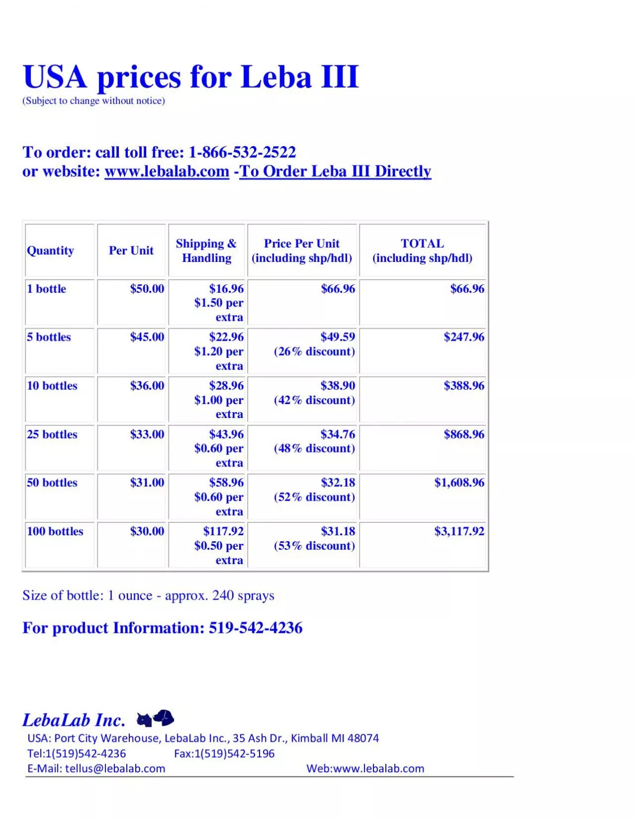 PDF-USA prices for Leba III(Subject to change without notice)To order: cal