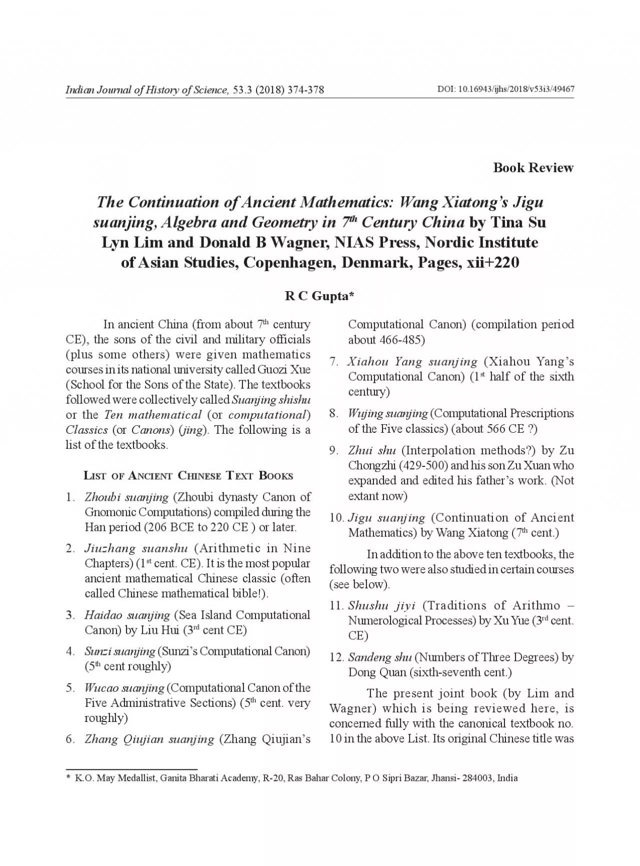 PDF-The Continuation of Ancient Mathematics: Wang Xiatong