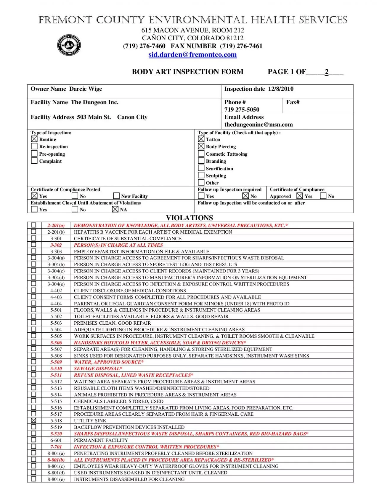 PDF-FREMONT COUNTY ENVIRONMENTAL HEALTH SERVICES 615 MACON AVENUE, ROOM 21