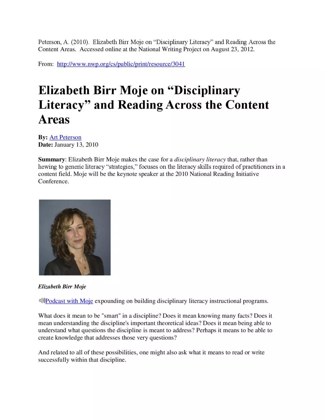 PDF-Peterson, A. (2010). Elizabeth Birr Moje on “Disciplinary Literacy