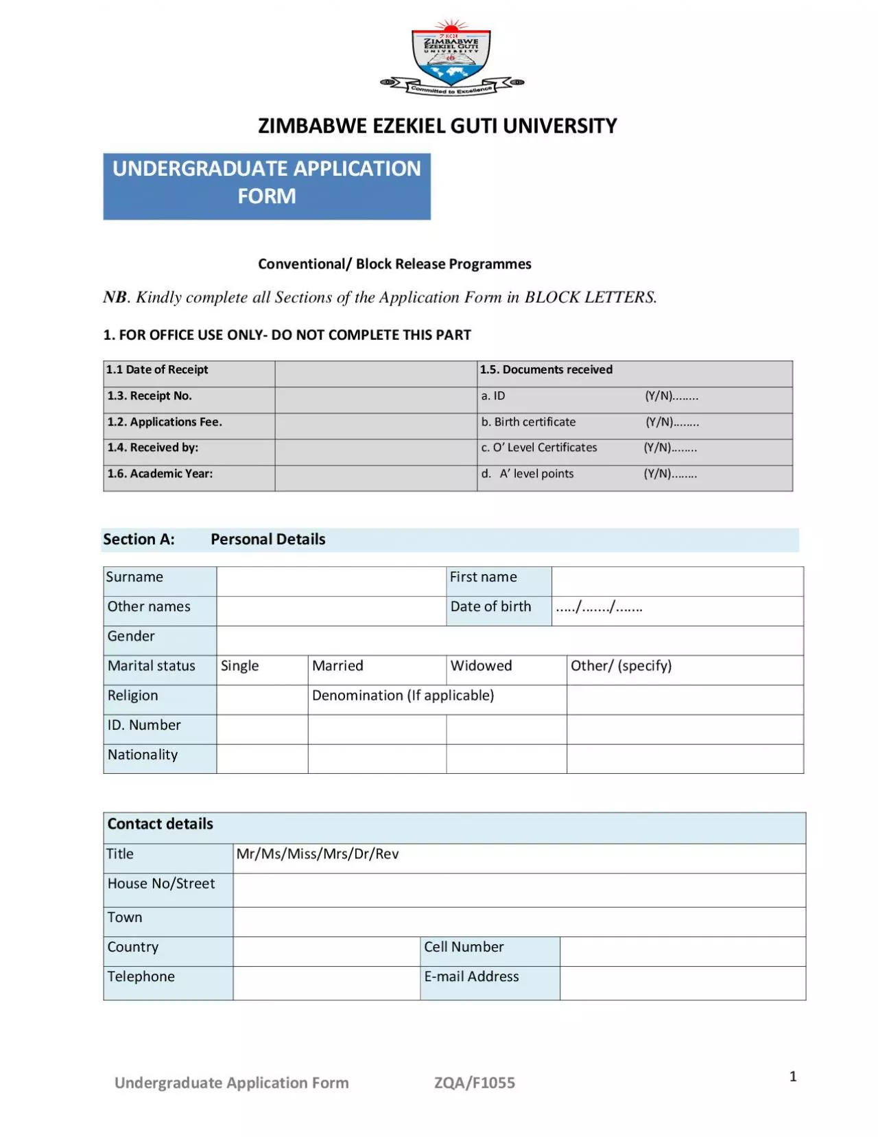 PDF-Undergraduate Application Form ZQA/F1055