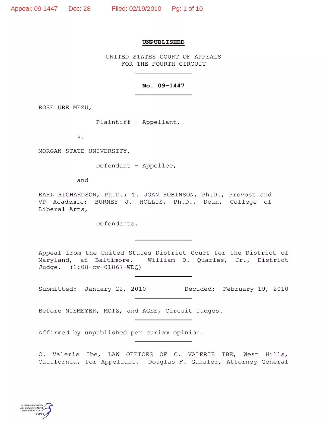 PDF-Appeal: 09-1447 Doc: 28 Filed: 02/19/2010 Pg: 2 o