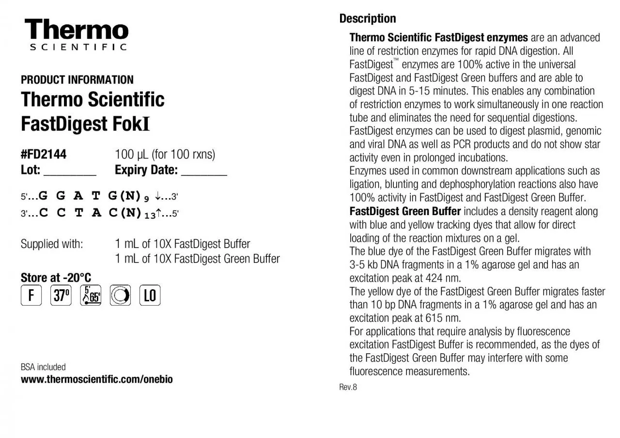 PDF-PRODUCT INFORMATIONThermo Scientific FastDigest Fok#FD2144 100