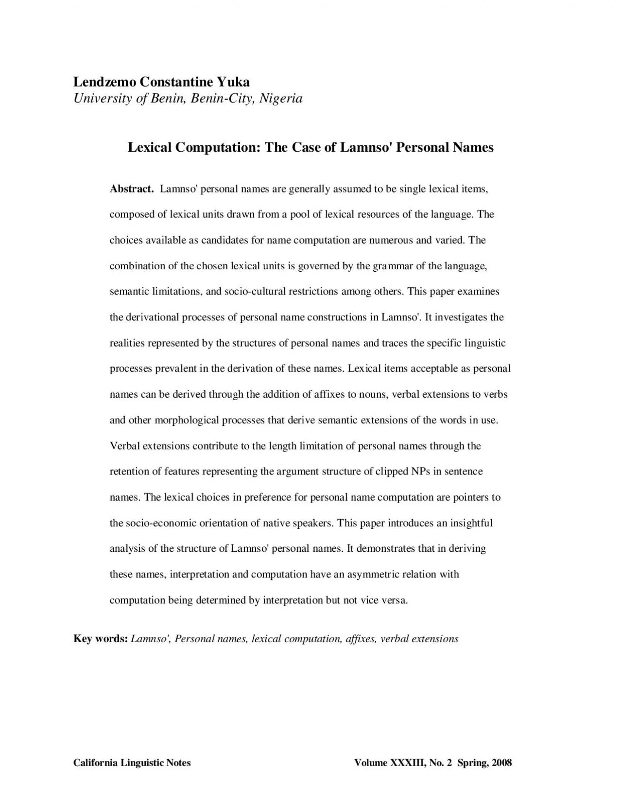 PDF-California Linguistic Notes Volume XXXIII, No. 2 Spring, 2008Lendzemo