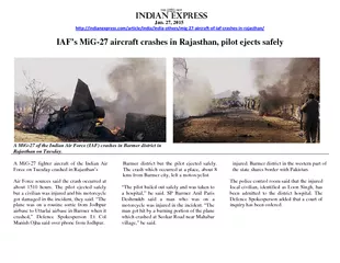 Jan   IAFs MiG aircraft crashes in Rajasthan pilot eje