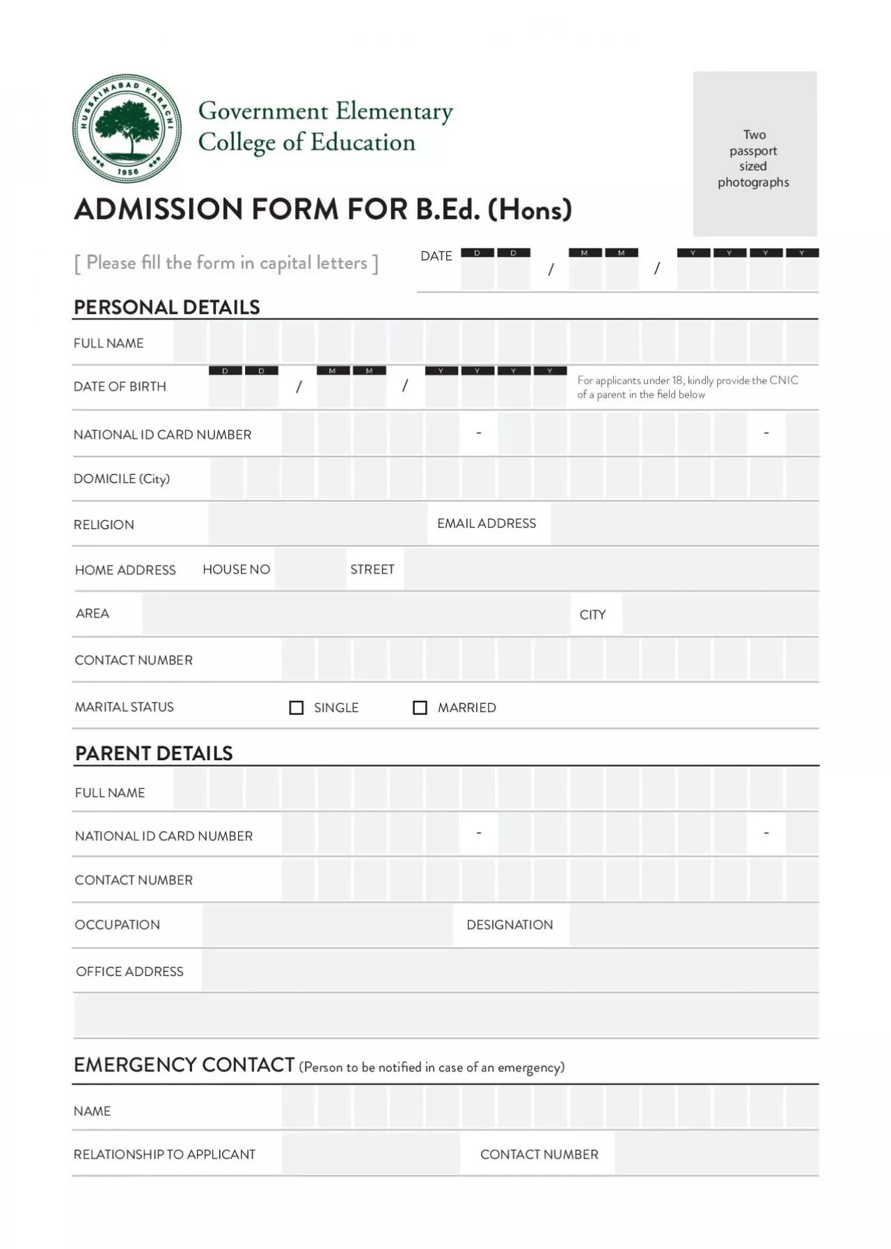 PDF-ADMISSION FORM FOR B.Ed. (Hons)[ Please ll the form in capital le