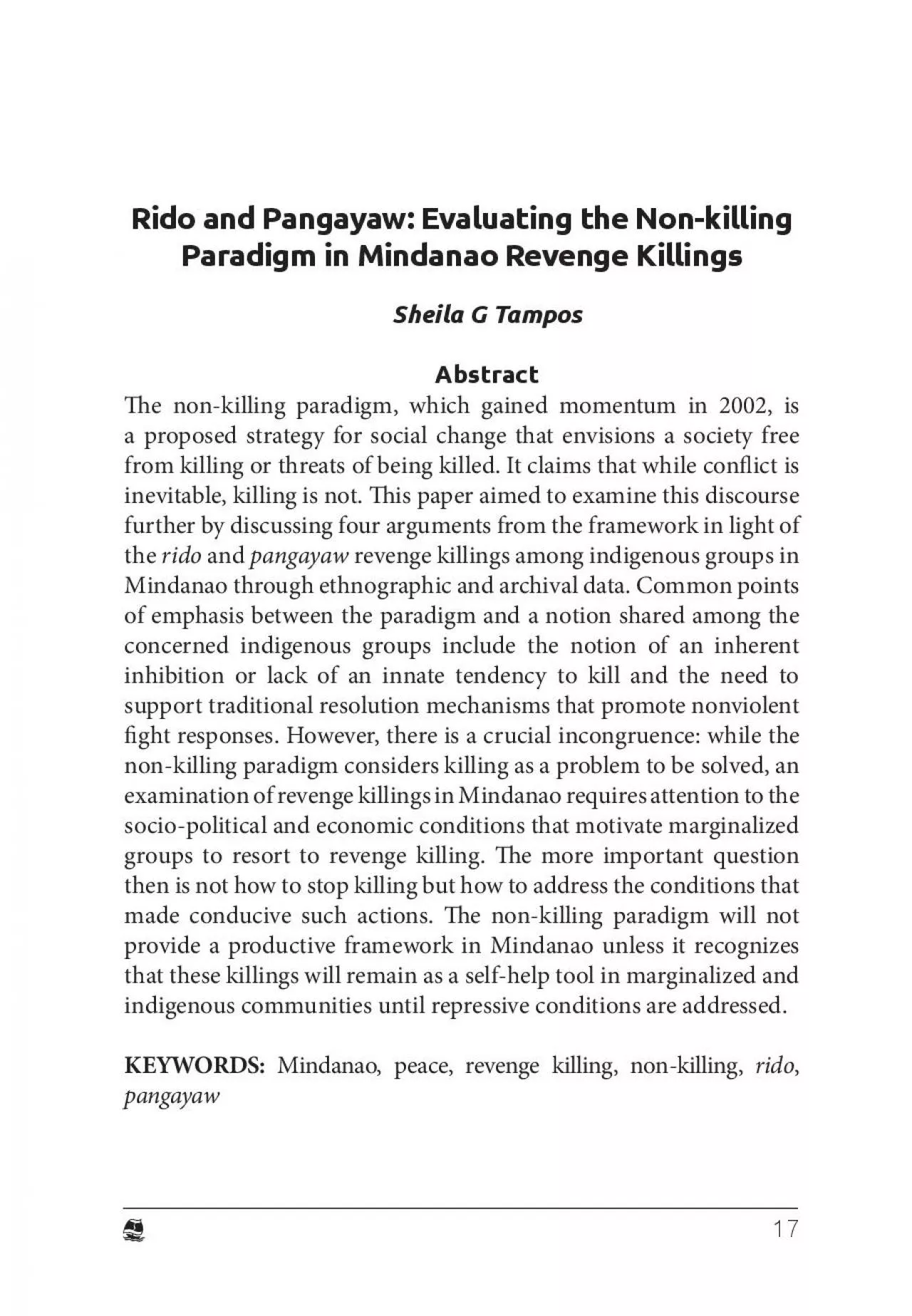 PDF-Rido and Pangayaw: Evaluating the Non-killing Paradigm in Mindanao Rev