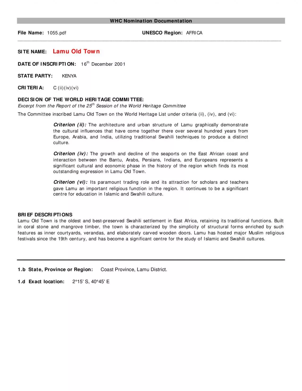 PDF-Lamu Old Town TABLE OF CONTENTSPage 1. Identification of the Property