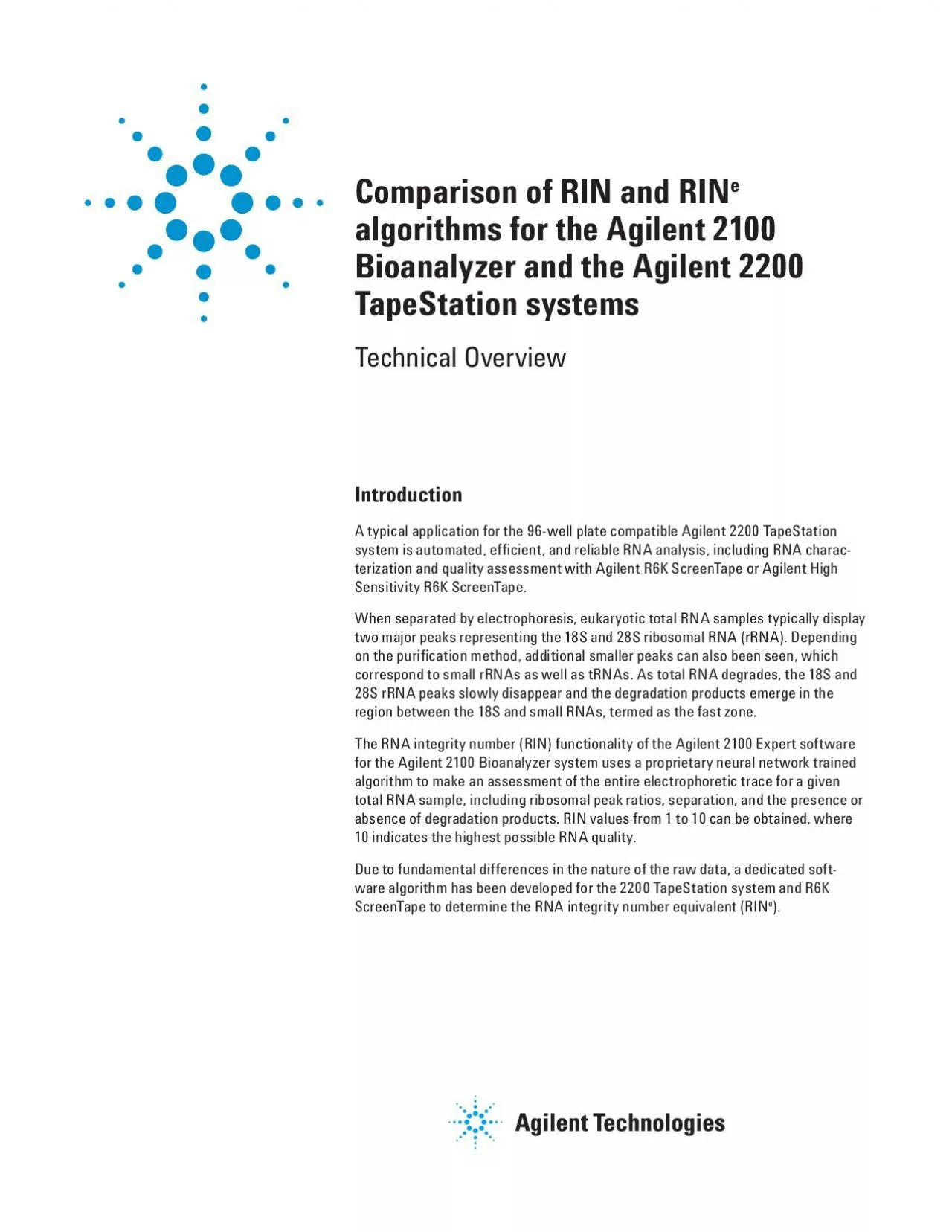 PDF-Comparison of RIN and RINalgorithms for the Agilent 2100 Bioanalyzer a