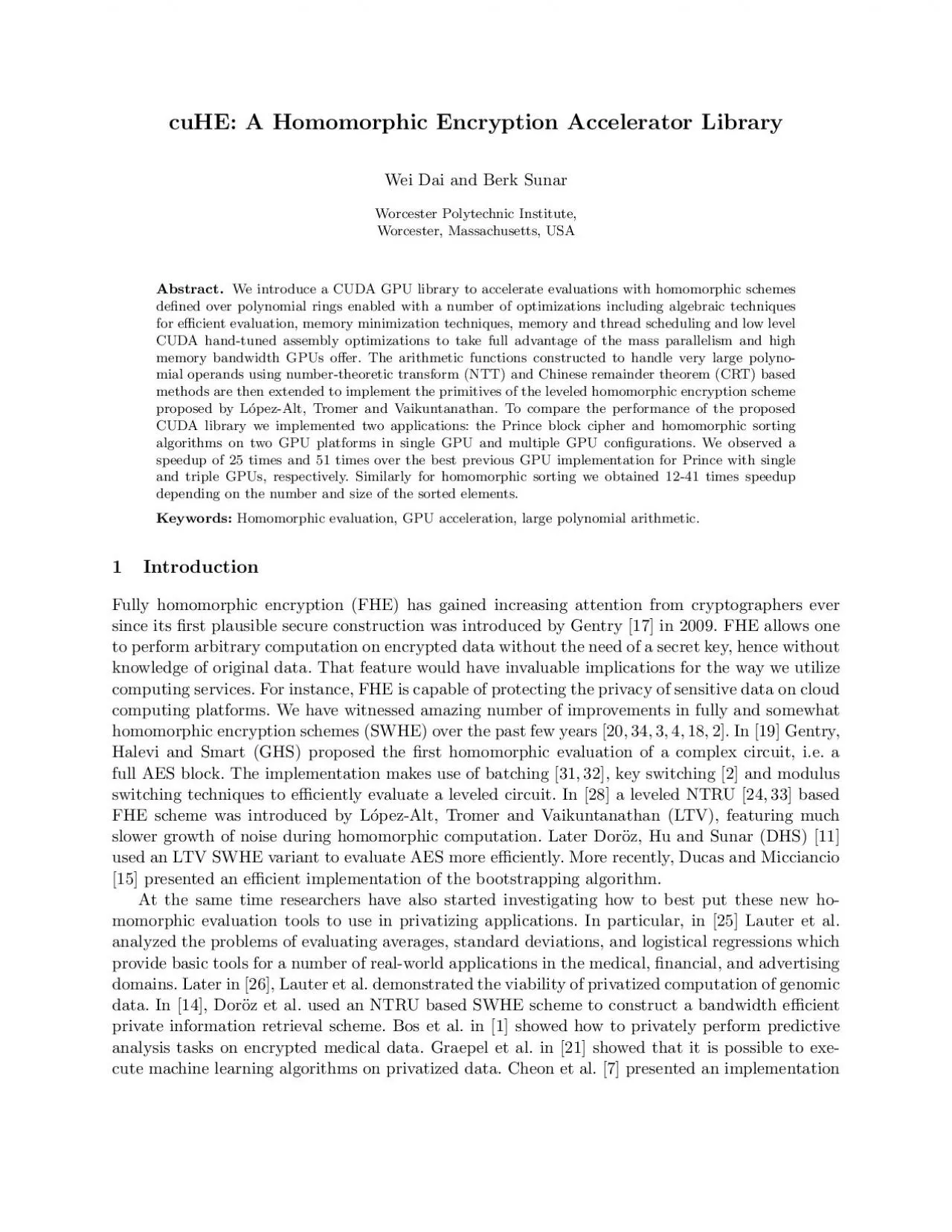 PDF-cuHE:AHomomorphicEncryptionAcceleratorLibraryWeiDaiandBerkSunarWorcest