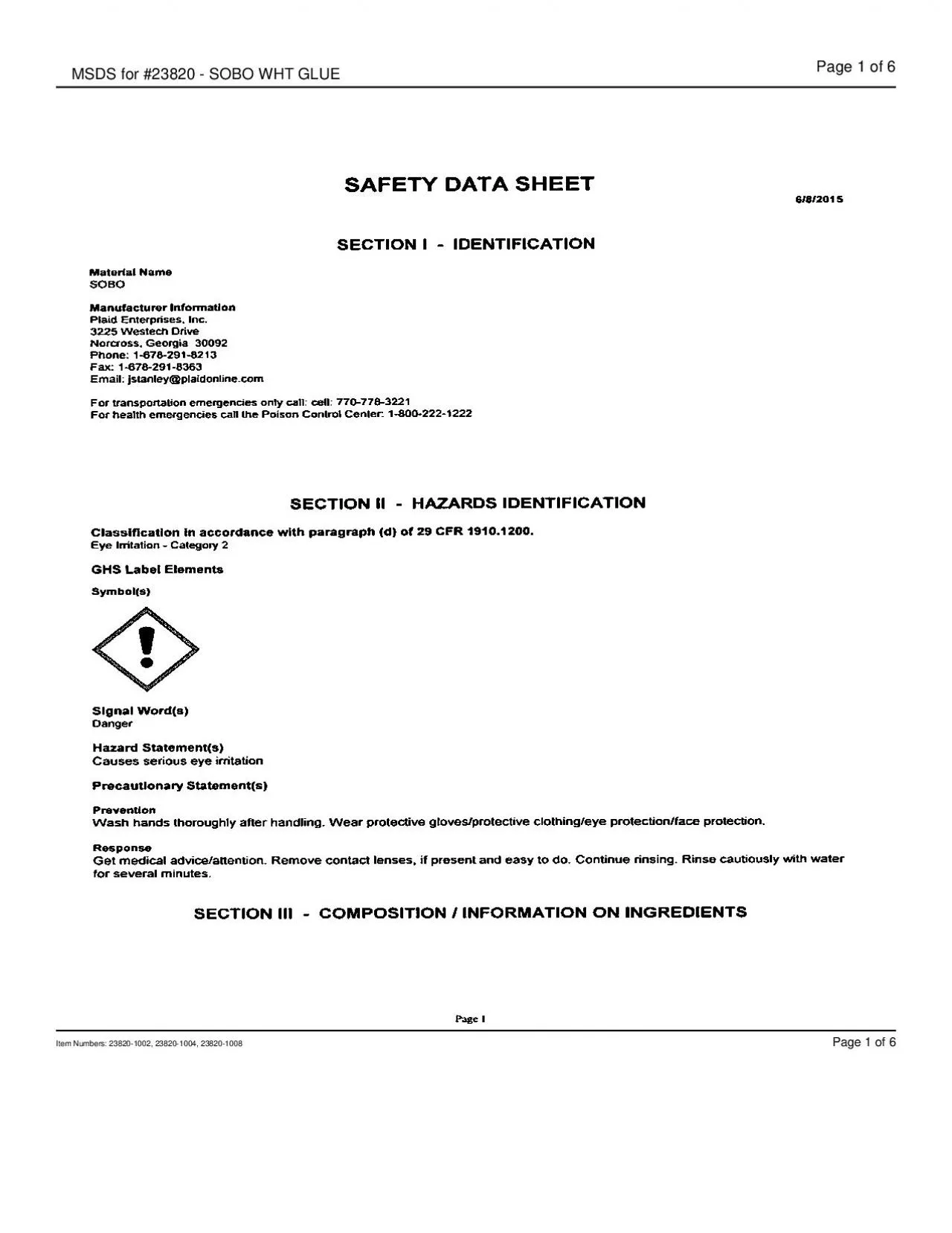 PDF-MSDS for #23820 - SOBO WHT GLUE