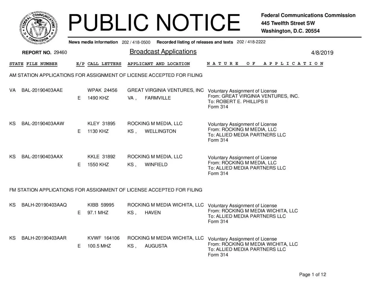 PDF-445 Twelfth Street SWWashington, D.C. 20554Recorded listing of release