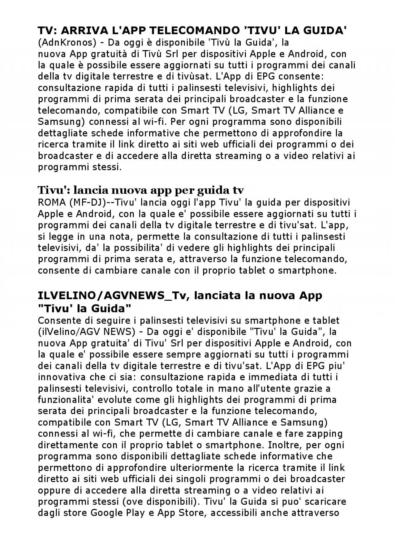 PDF-programmi di prima serata dei principali broadcaster e la funzione tel