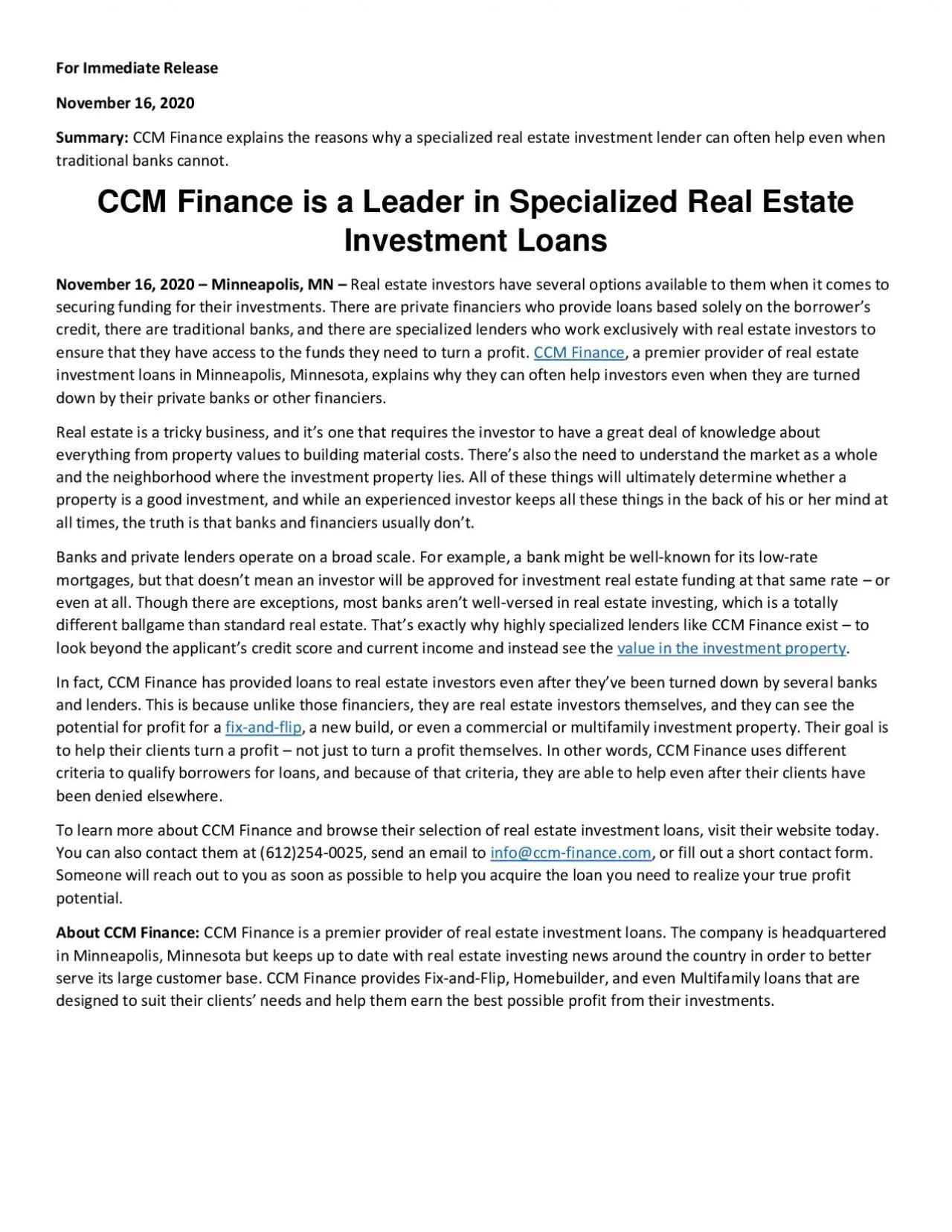 PDF-CCM Finance is a Leader in Specialized Real Estate Investment Loans