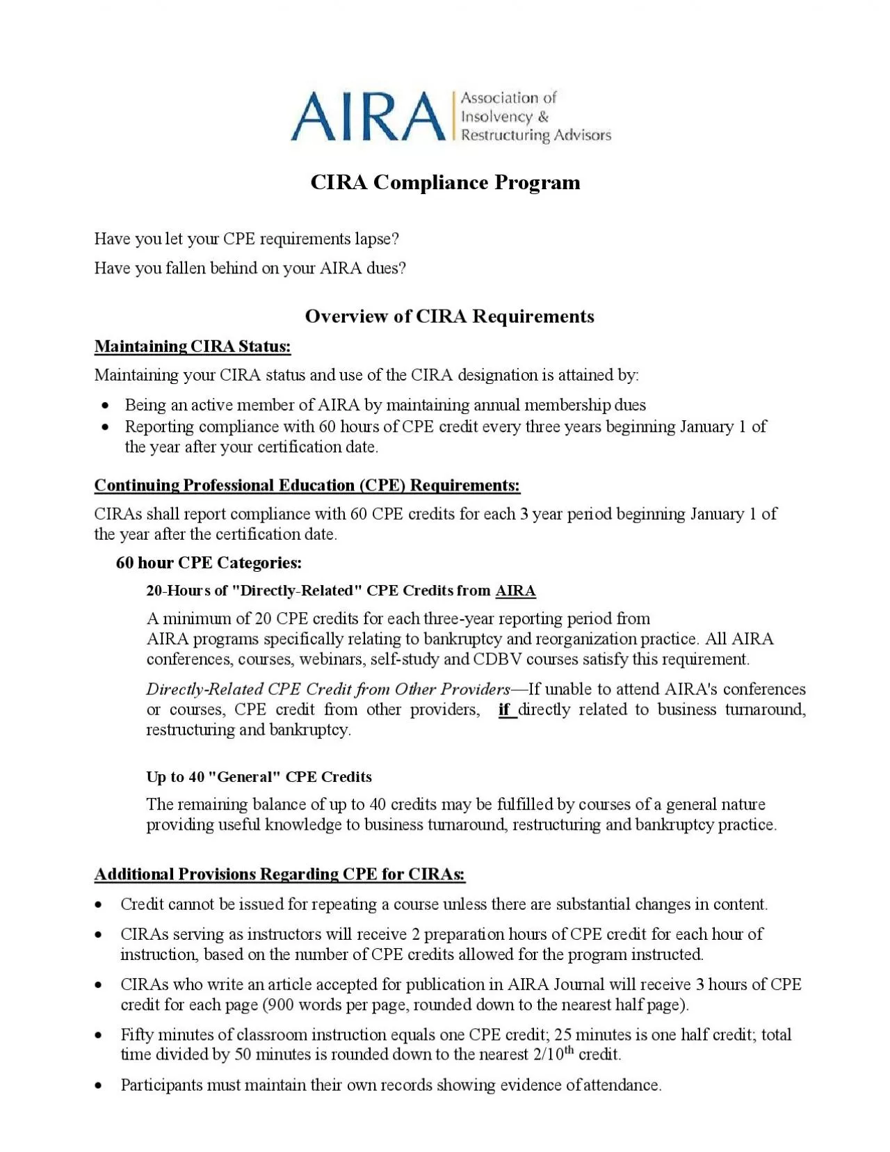 PDF-CIRA Compliance ProgramHave you let your CPE requirements lapse? Have