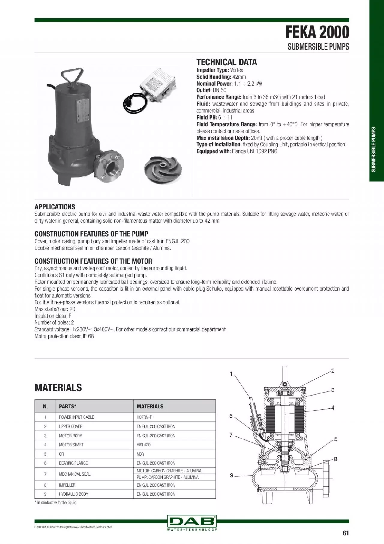 PDF-TECHNICAL DATA Impeller Type: VortexNominal Power: Perfomance Range: w