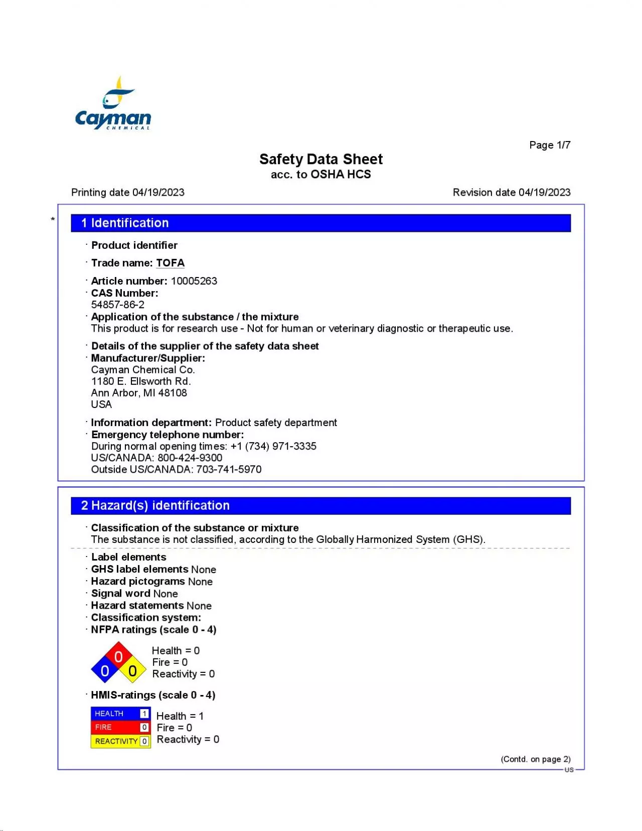 PDF-11/27/2017Revision:Page: 1 of 5TOFASAFETY DATA SHEET01/28/2015Supersed