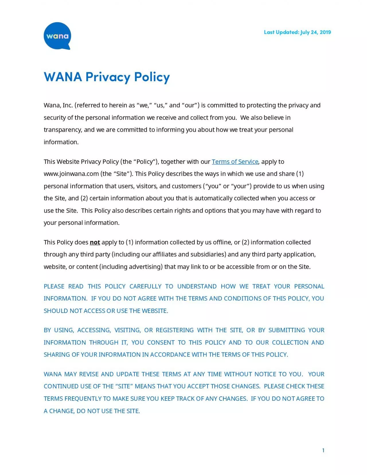 PDF-Last Updated: July 24, 2019 WANA Privacy Policy !