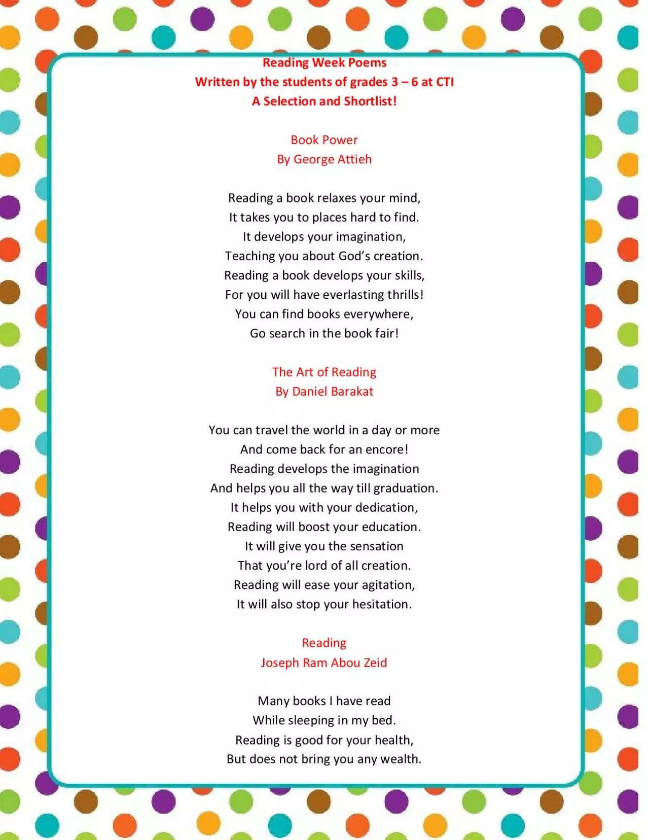 PDF-Reading Week PoemsWritten by the students of grades 3 at CTIA Selectio