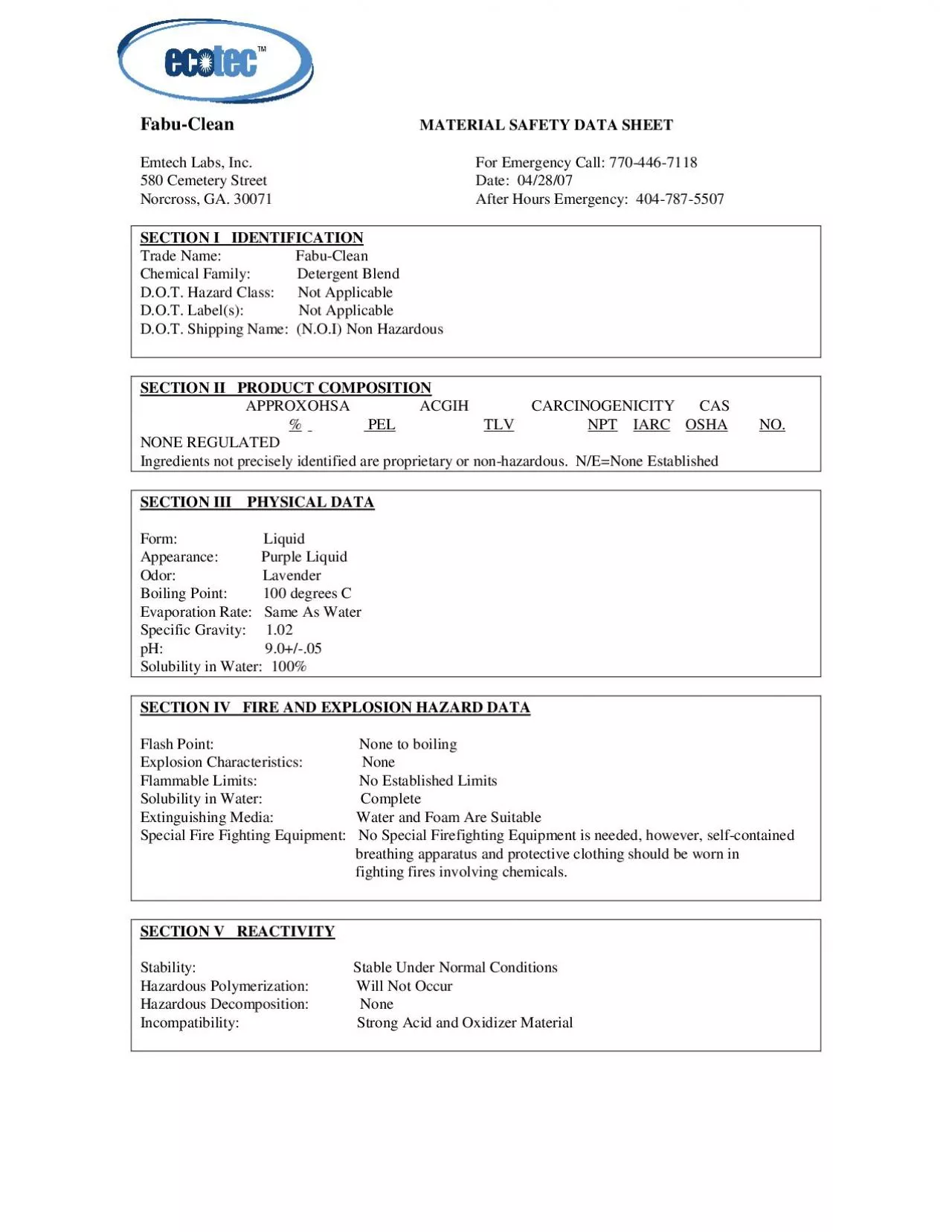 PDF-Fabu-Clean MATERIAL SAFETY DATA SHEET Emtech Labs, Inc.