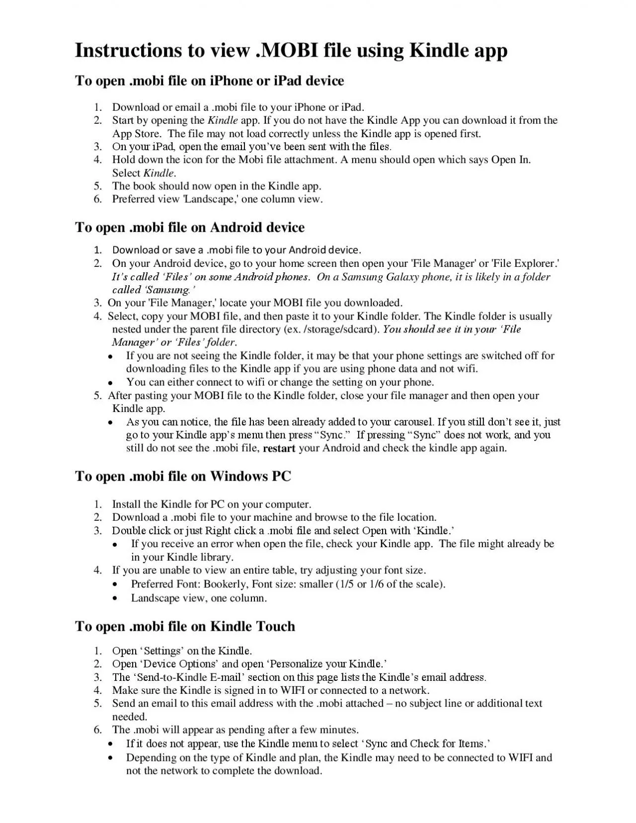 PDF-Instructions to view .MOBI file using Kindle app