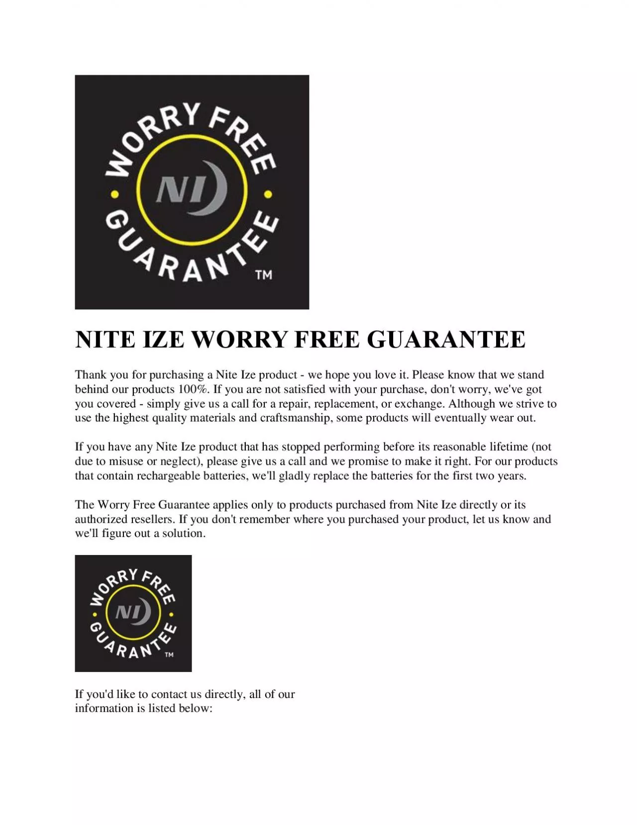 PDF-NITE IZE WORRY FREE GUARANTEE