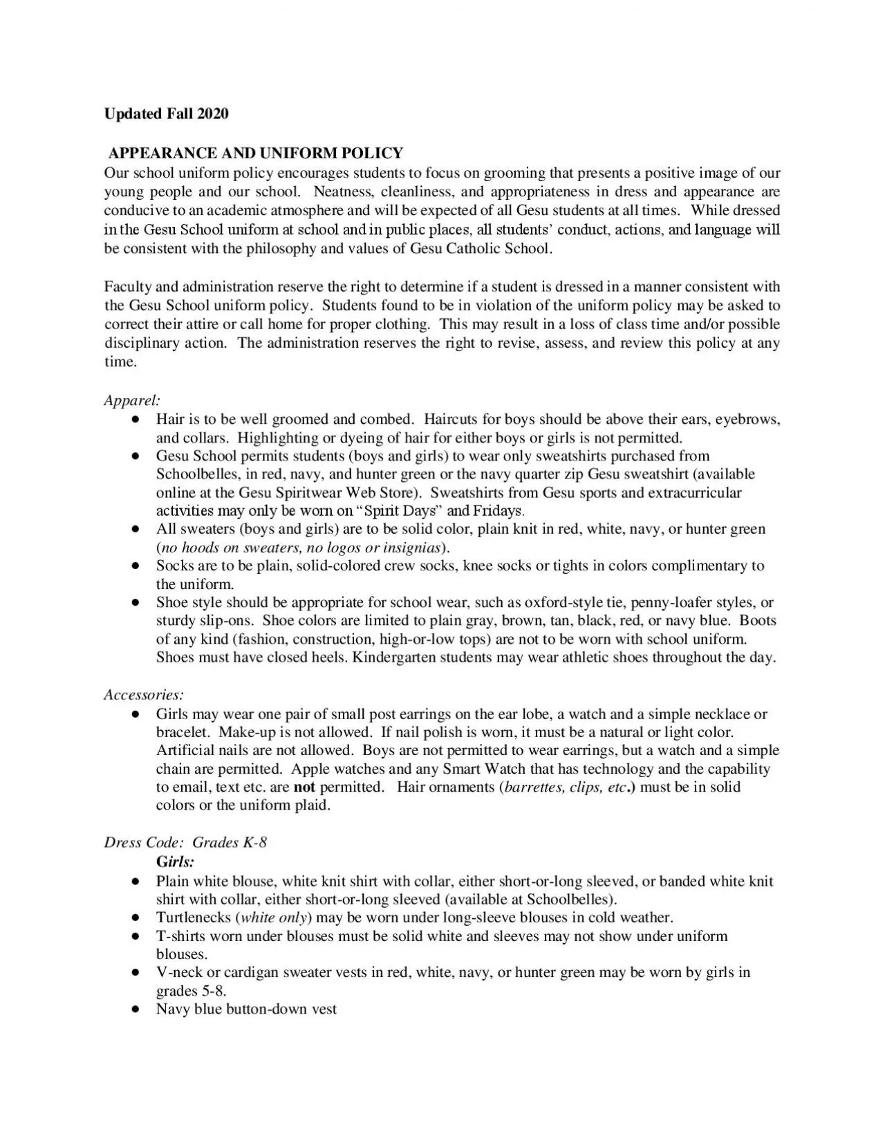 PDF-Updated Fall 2020 APPEARANCE AND UNIFORM POLICY Our school uniform p