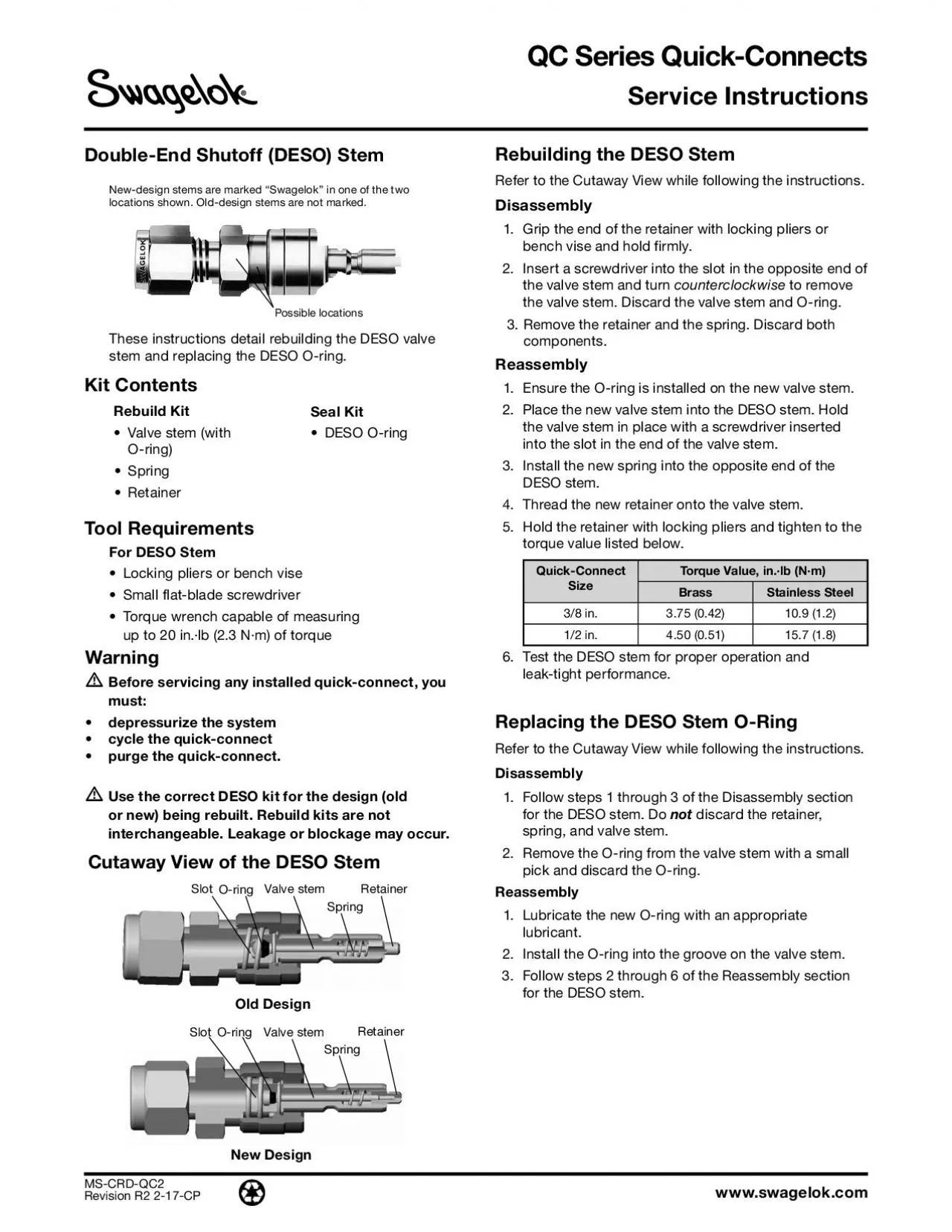 PDF-QC Series Quick-ConnectsService InstructionsTool Requirements For DESO