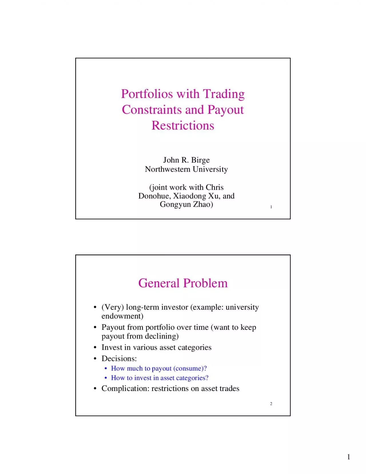 PDF-Portfolios with Trading Constraints and Payout Restrictions John R. Bi