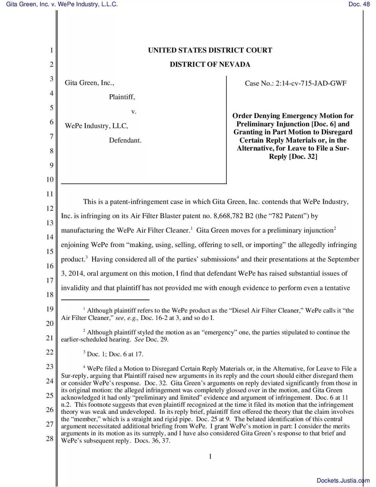 PDF-Plaintiff,WePe Industry, LLC, Case No.: 2:14-cv-715-JAD-GWFFGranting