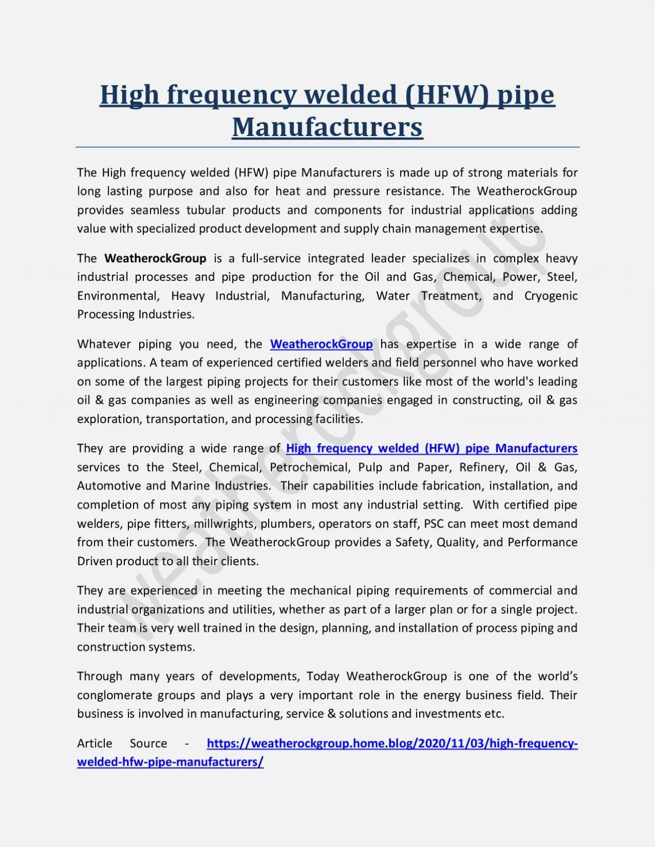 PDF-High frequency welded (HFW) pipe Manufacturers