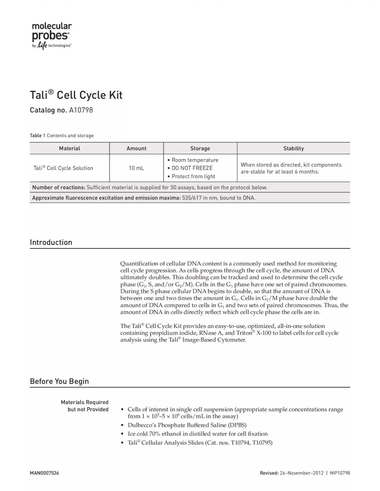 PDF-Revised: 26–November–2012Tali Cell Cycle KitCatalog no.Table