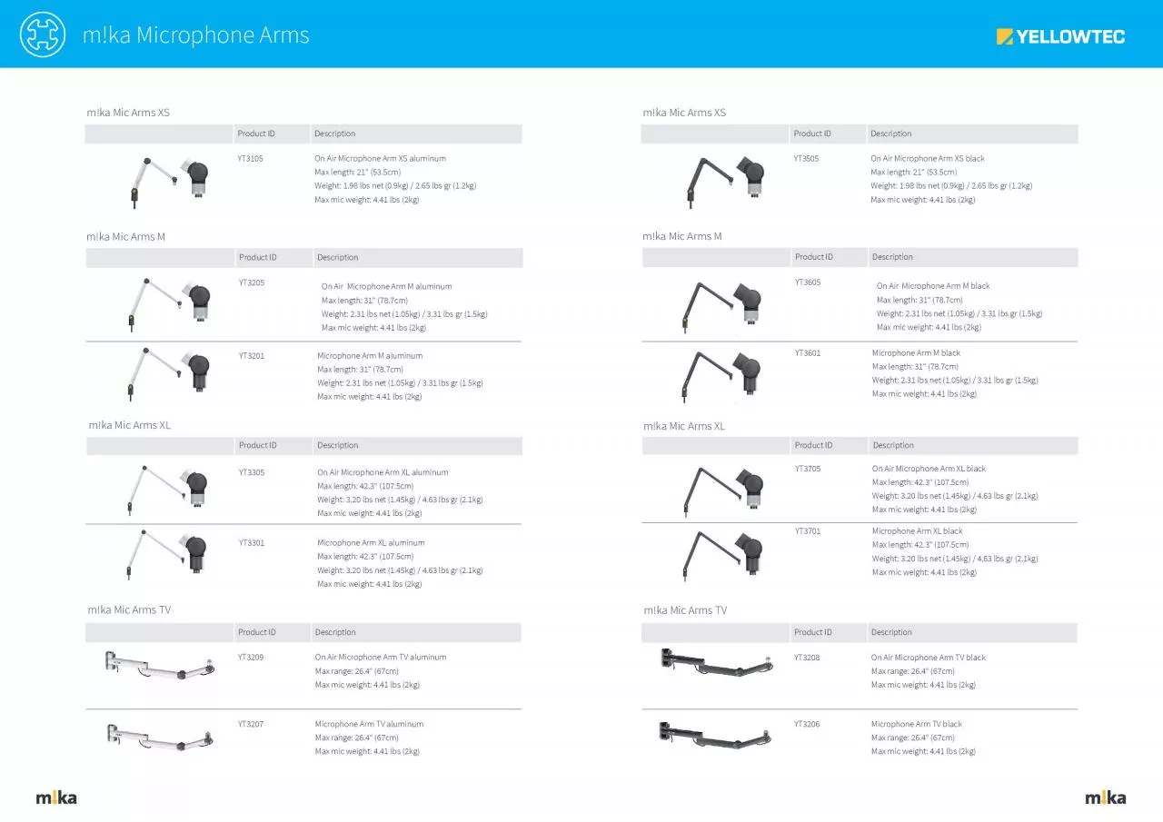 PDF-Product IDYT3105On Air Microphone Arm XS aluminumWeight: 1.98 lbs net