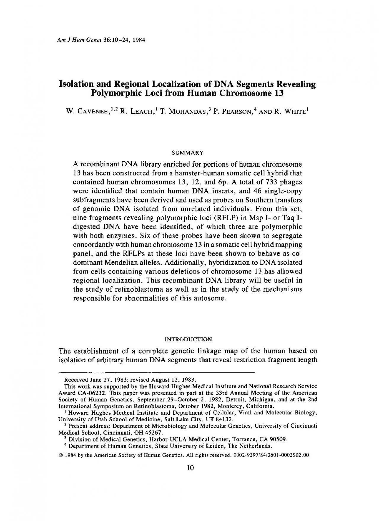 PDF-AmJHumGenet36:10-24,1984IsolationandRegionalLocalizationofDNASegmentsR